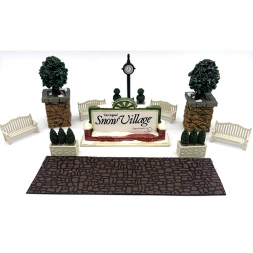 Dept 56 13-Piece Lot 4‎ Benches - 4 Planter Boxes -2 Holly Trees -Road -Sign ETC